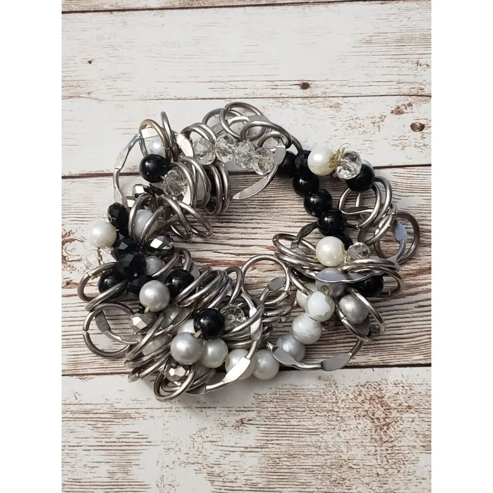 Vintage Stretch Bracelet / Bangle - Multi Material & Circles Statement Bracelet